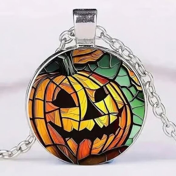 Silver Halloween JACK O LANTERN Glass Cabochon Pendant Necklace - Picture 3 of 3